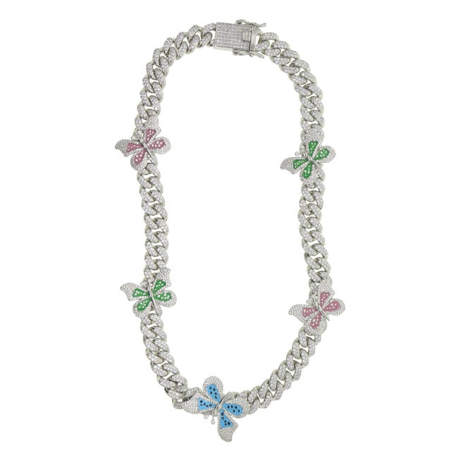 Women Iced White Gold Multi-Colored Butterfly Cuban Link Choker - Different Drips
