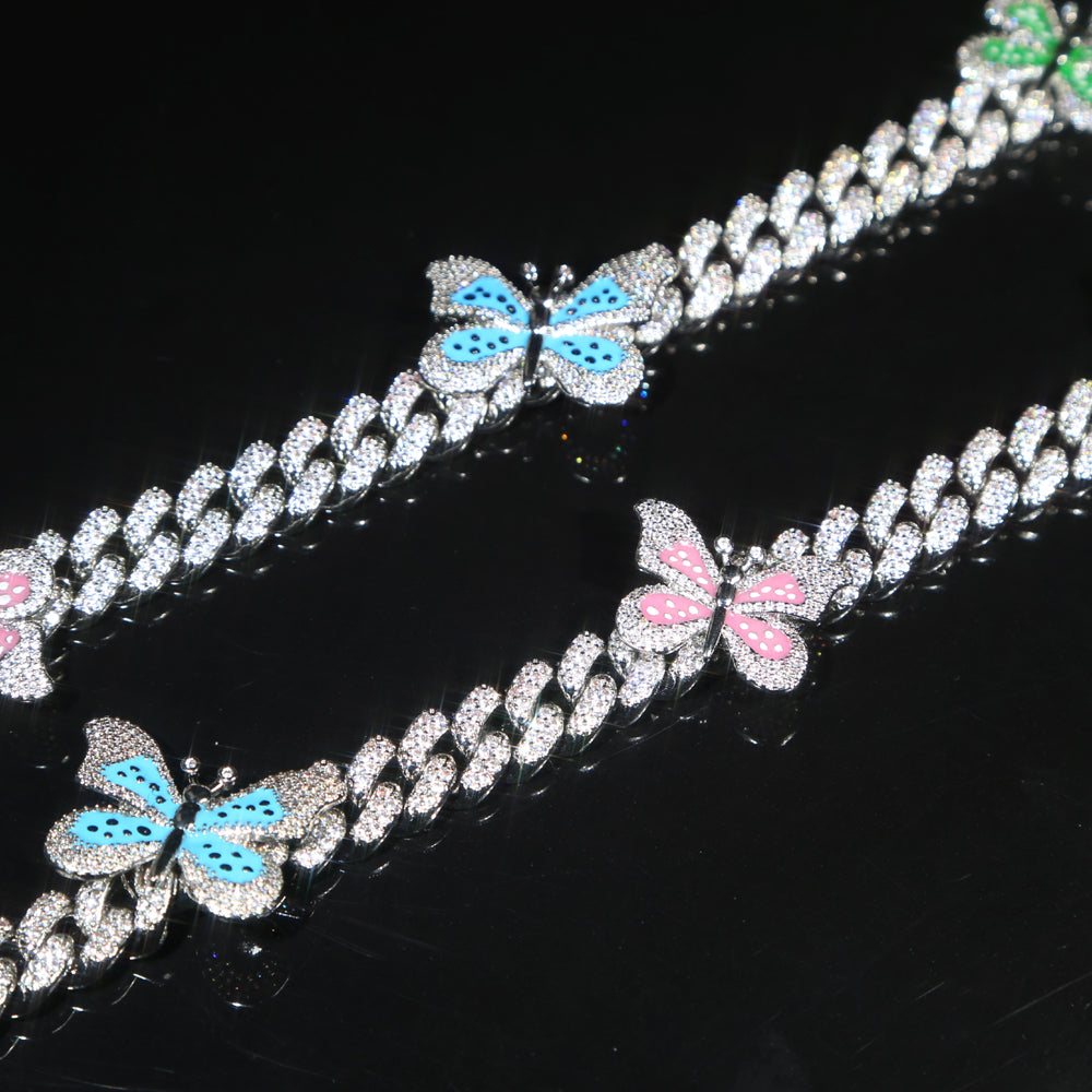 Women Iced White Gold Multi-Colored Butterfly Cuban Link Choker - Different Drips