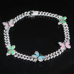 Women Iced White Gold Multi-Colored Butterfly Cuban Link Choker - Different Drips