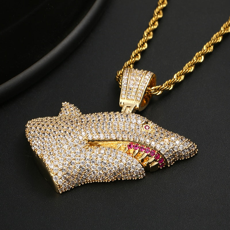 Iced Out Open Mouth Shark Pendant - Different Drips