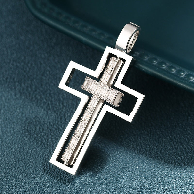 Iced Baguette Rotating Cross Pendant - Different Drips