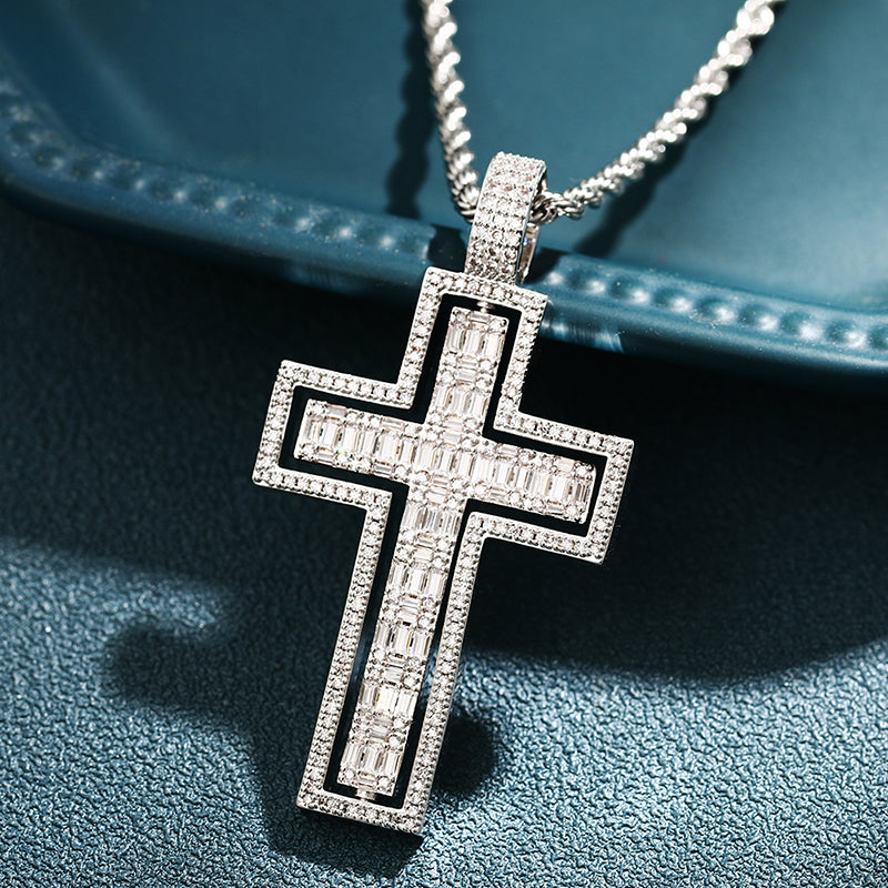 Iced Baguette Rotating Cross Pendant - Different Drips
