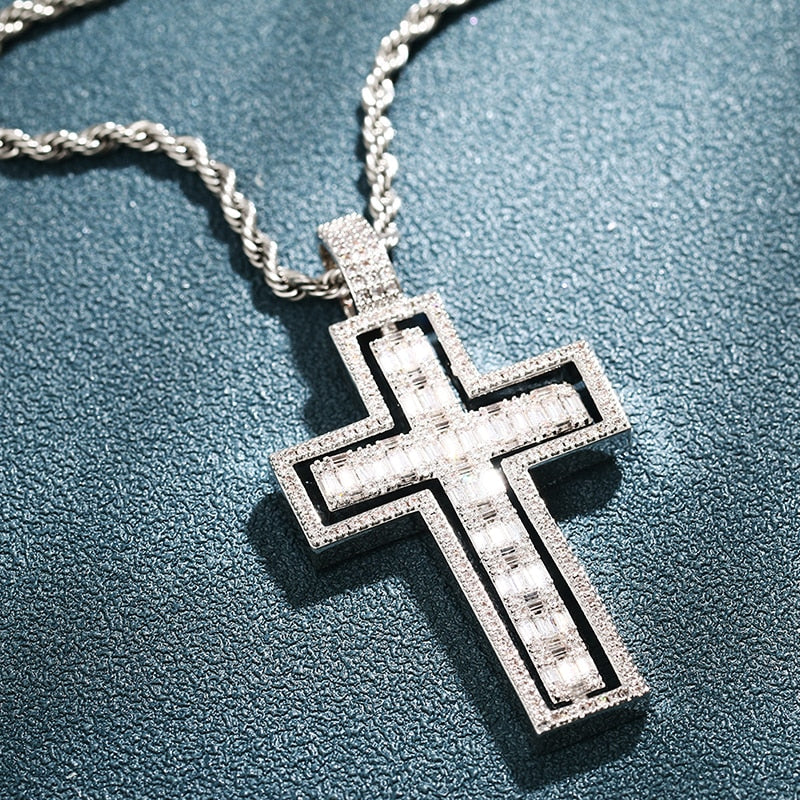 Iced Baguette Rotating Cross Pendant - Different Drips