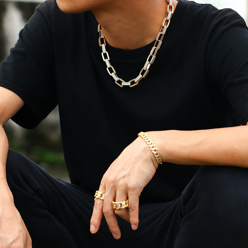 12mm Iced Out Box Chain in Yellow Gold - Different Drips