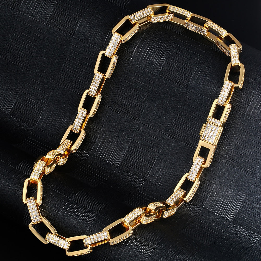 12mm Iced Out Box Chain in Yellow Gold - Different Drips