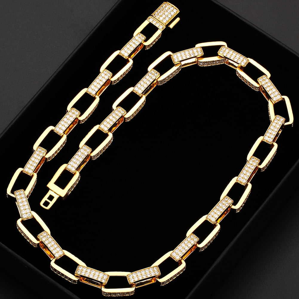 12mm Iced Out Box Chain in Yellow Gold - Different Drips