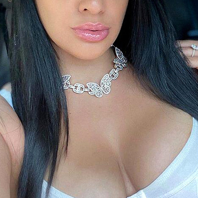 Women's White Gold 12.5mm Iced Out Mariner Butterfly Choker - Different Drips