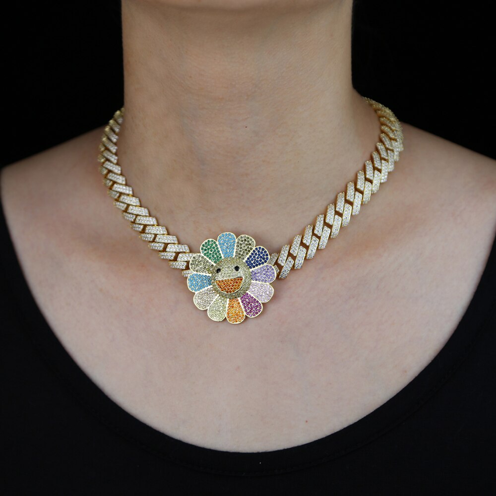 Women's Iced Out Multicolor Sunflower Cuban Choker - Different Drips