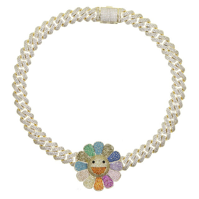 Women's Iced Out Multicolor Sunflower Cuban Choker - Different Drips