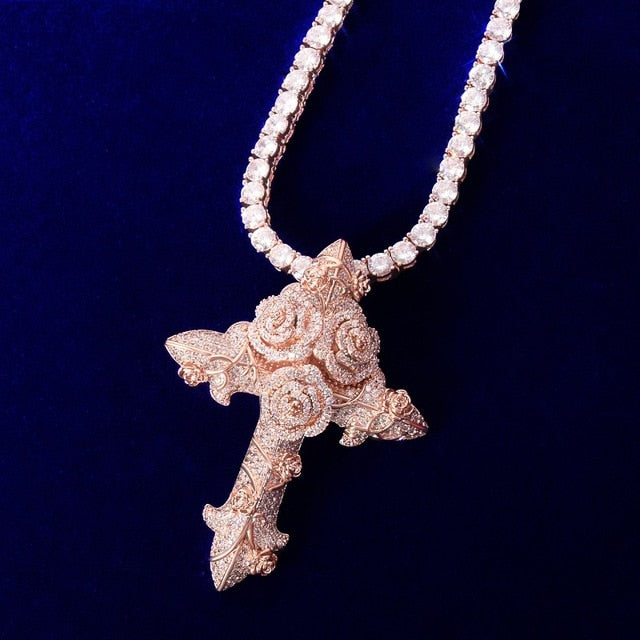 Iced Out Rose Cross Pendant - Different Drips