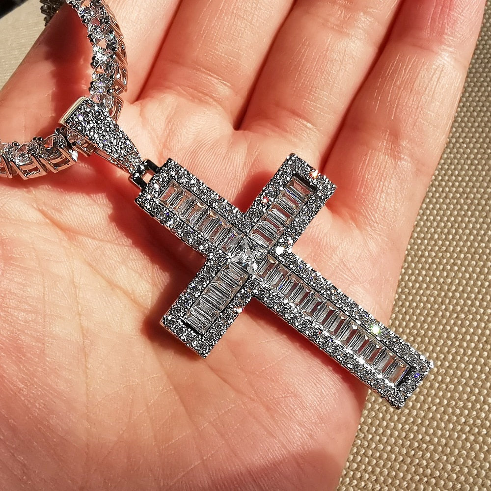 Iced Out Baguette Cross Pendant Yellow Gold Cuban Chain 18inch