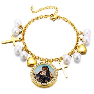 Yellow Gold Heart & Cross Photo Bangle - Different Drips