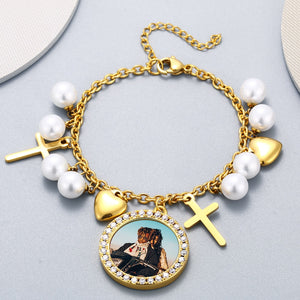 Yellow Gold Heart & Cross Photo Bangle - Different Drips