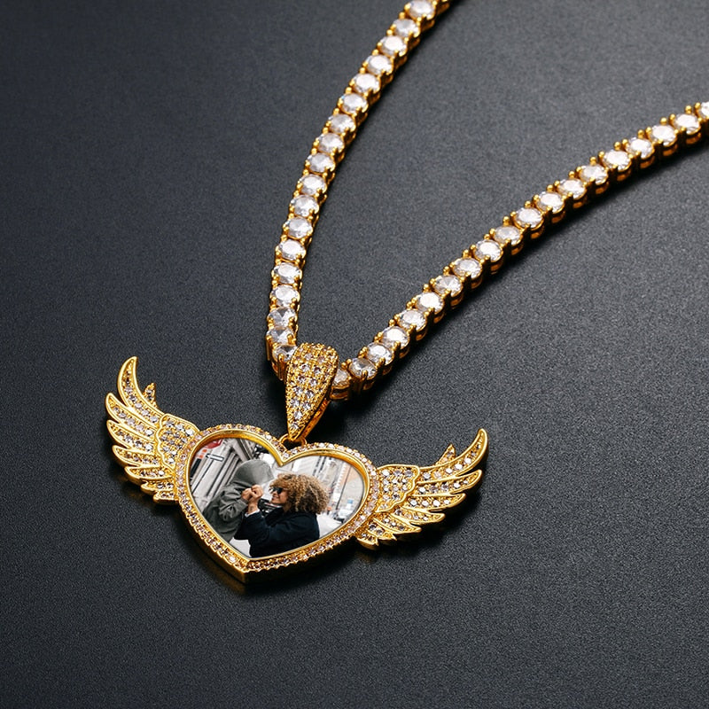 Custom Angel Wings Heart Photo Pendant - Different Drips