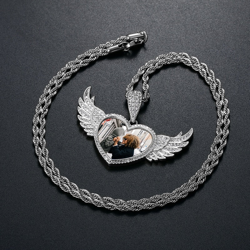 Custom Angel Wings Heart Photo Pendant - Different Drips