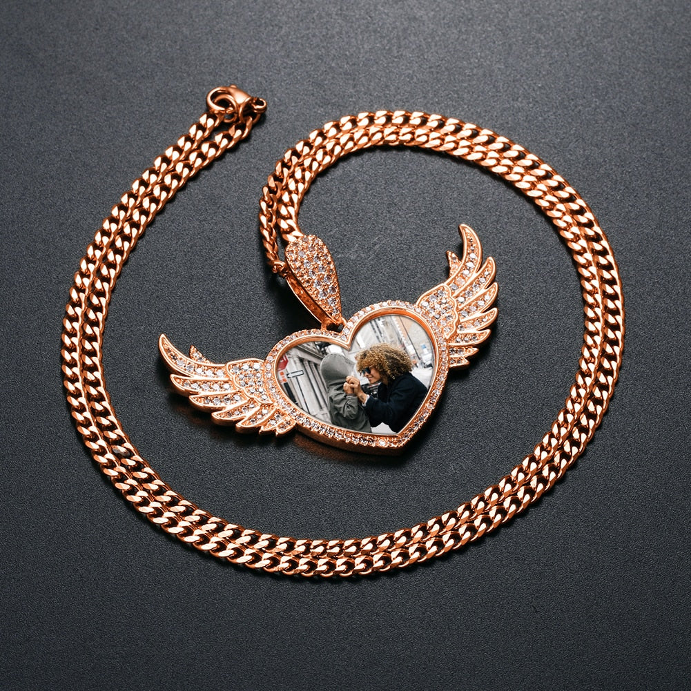 Custom Angel Wings Heart Photo Pendant - Different Drips