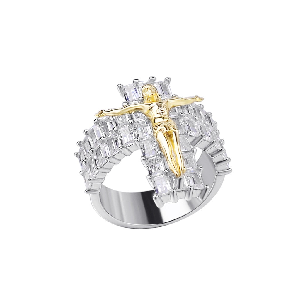 Solid 925 Sterling Silver Baguette Jesus Cross Ring - Different Drips