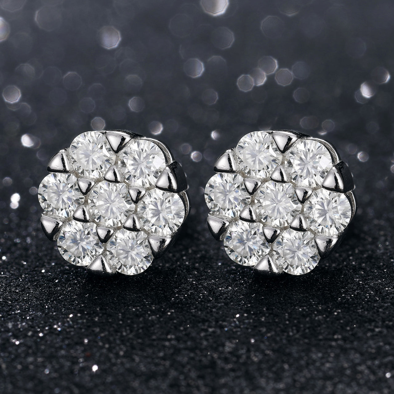 925 Sterling Silver Moissanite Round Flower Pattern Earrings - Different Drips