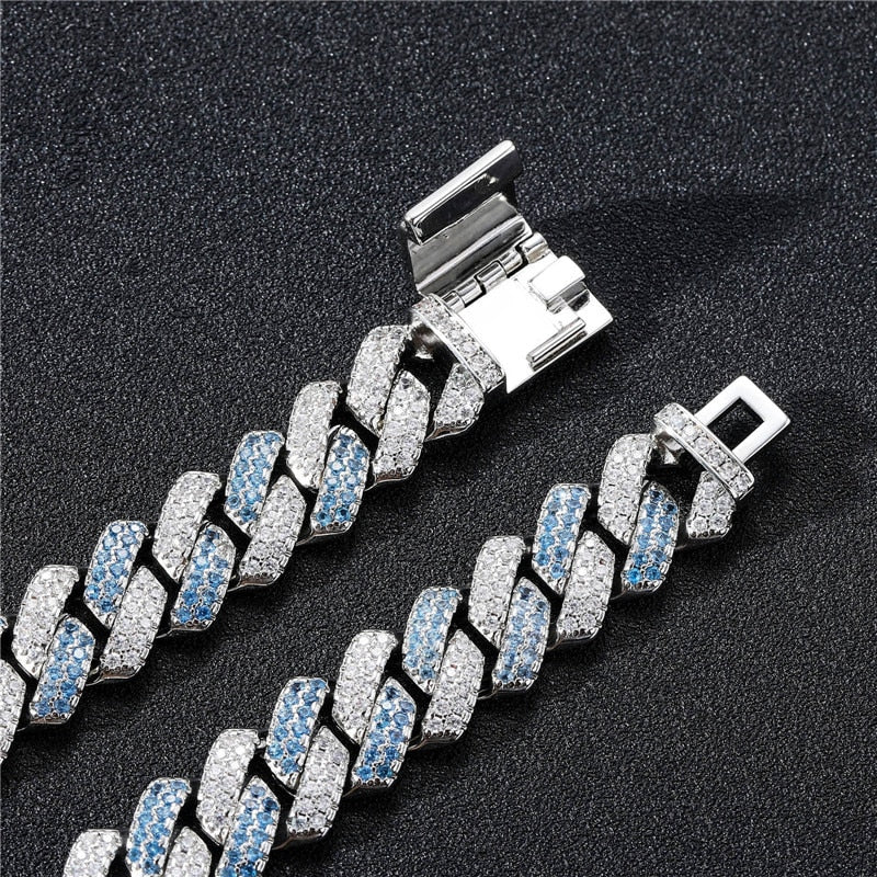 12mm Blue & White Gold Cuban Prong Chain - Different Drips