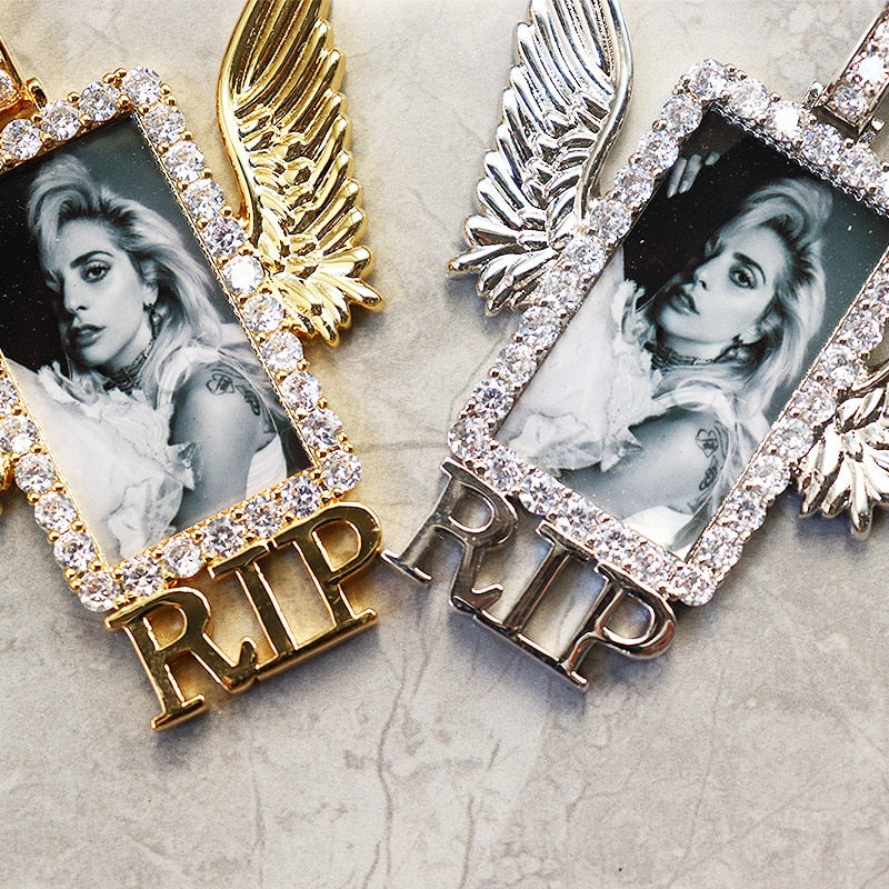 Custom RIP Angel Wing Rectangle Photo Pendant - Different Drips