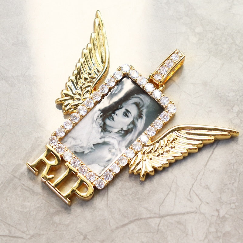 Custom RIP Angel Wing Rectangle Photo Pendant - Different Drips