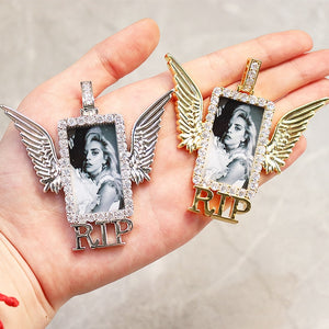 Custom RIP Angel Wing Rectangle Photo Pendant - Different Drips