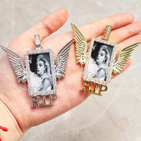 Thumbnail for Custom RIP Angel Wing Rectangle Photo Pendant - Different Drips