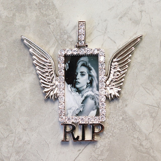 Custom RIP Angel Wing Rectangle Photo Pendant - Different Drips
