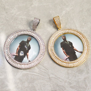 Custom Double Row Baguette Round Photo Pendant - Different Drips