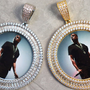 Custom Double Row Baguette Round Photo Pendant - Different Drips