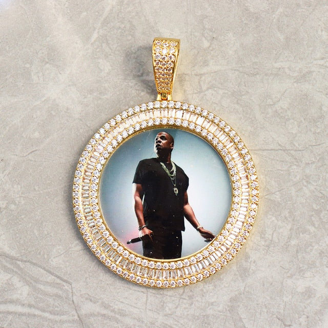 Custom Double Row Baguette Round Photo Pendant - Different Drips