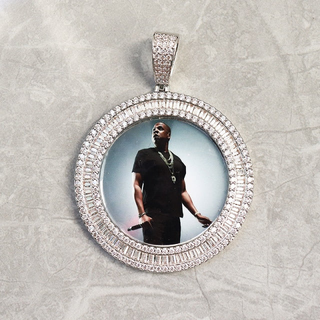 Custom Double Row Baguette Round Photo Pendant - Different Drips