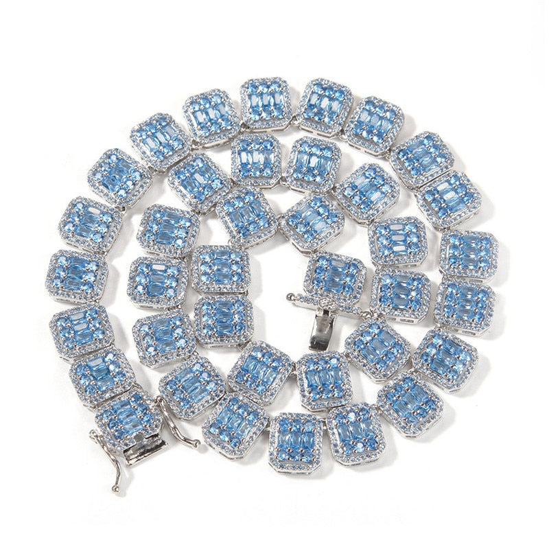 13mm Blue Baguette Tennis Chain in White Gold - Different Drips