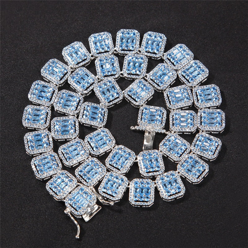 13mm Blue Baguette Tennis Chain in White Gold - Different Drips