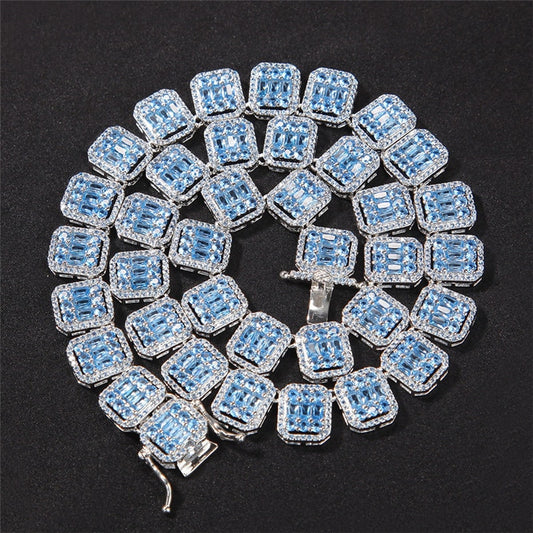 13mm Blue Baguette Tennis Chain in White Gold - Different Drips