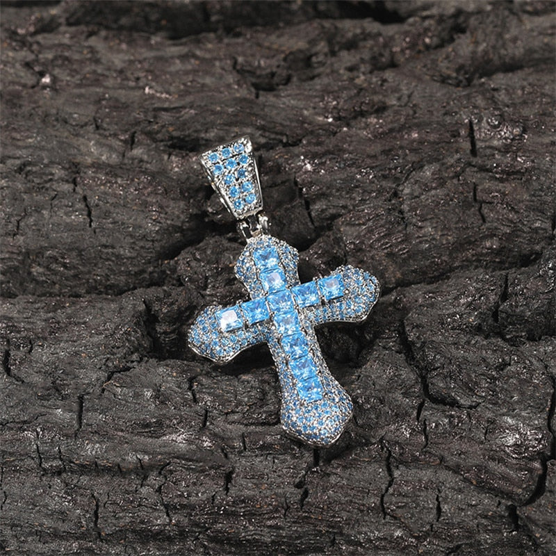 Iced Sky Blue Cross Pendant - Different Drips
