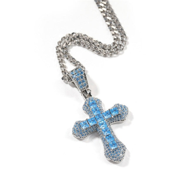Iced Sky Blue Cross Pendant - Different Drips
