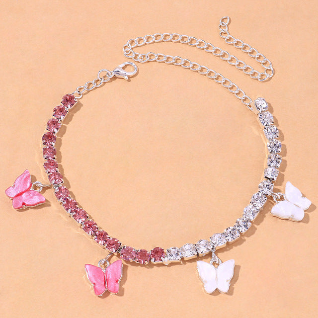 White & Pink Butterfly Tennis Anklet - Different Drips