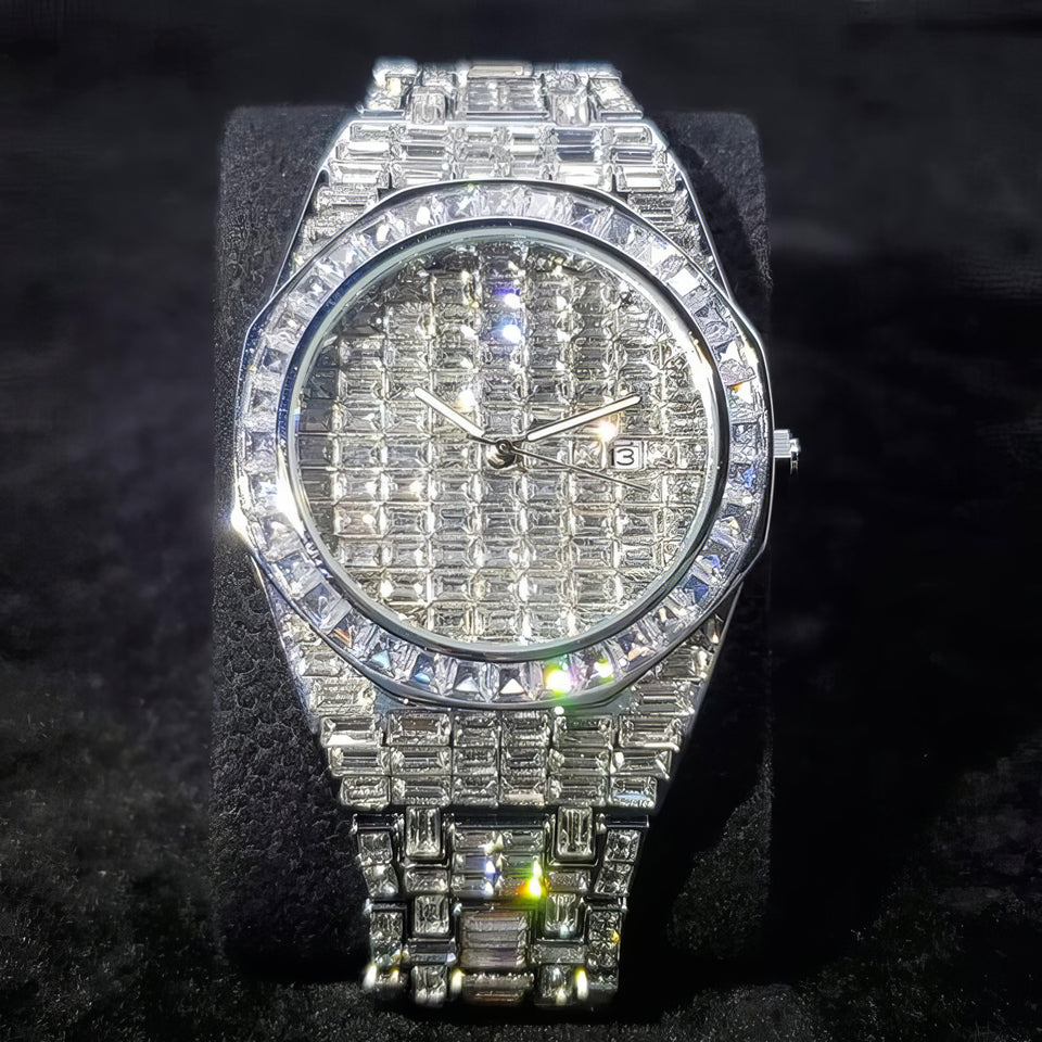 Stainless Steel Watch, Round And Baguette Moissanite Studded Watch, Bust  Down Watch, Hip hop Watch at Rs 253427 | Diamond Watch in Surat | ID:  2850434356148